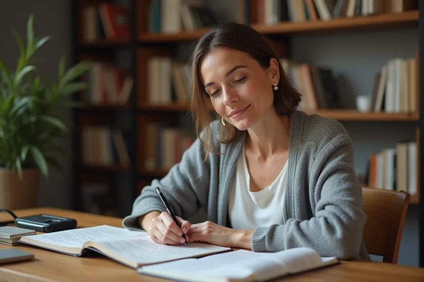 Femme écrivant dans un cahier avec un livre de grammaire française ouvert sur un bureau en bois, illustrant l'accord des possessifs en français