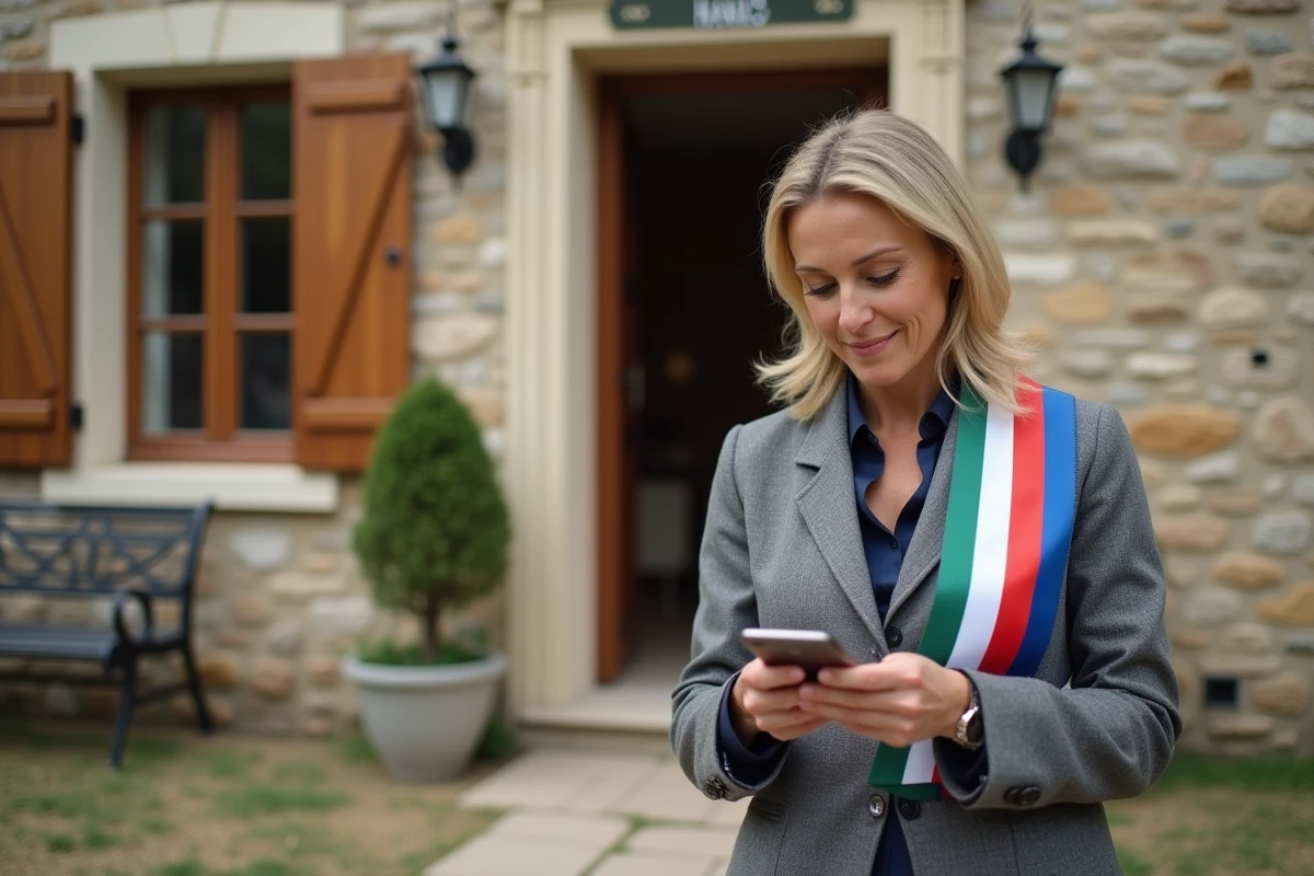 Adjointe au maire en écharpe tricolore devant la façade d'une mairie de village en France