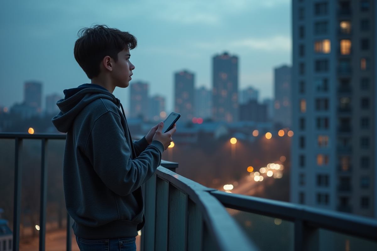 Adolescent regardant la ville depuis un balcon au crépuscule