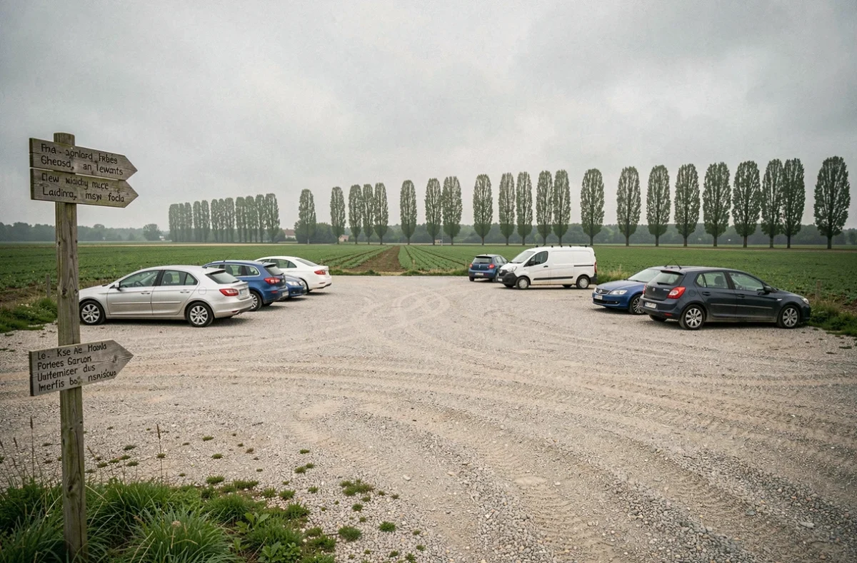 Aire de stationnement en gravier en périphérie d'un village du nord de la France avec champs agricoles en arrière-plan