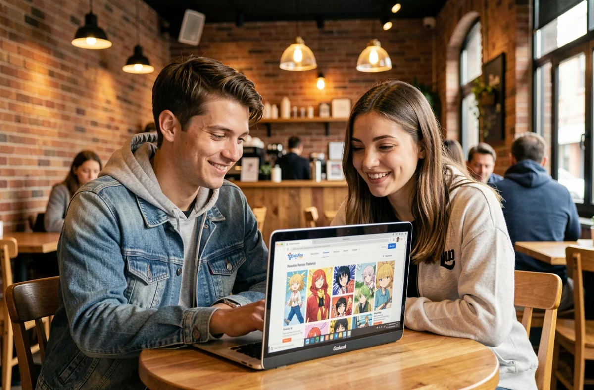 Deux amis découvrant ensemble des alternatives officielles aux scans de One Piece sur ordinateur dans un café