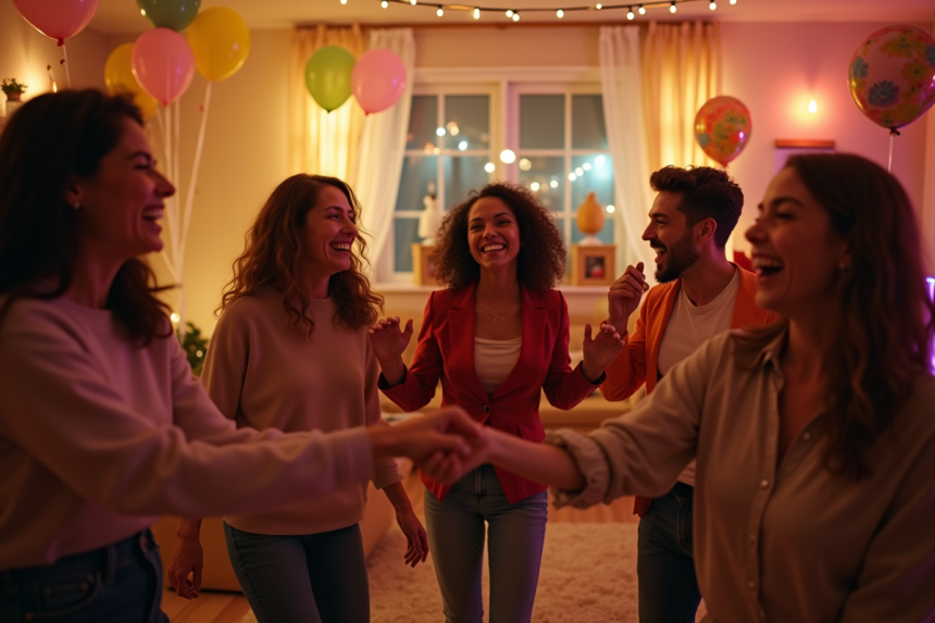 Groupe d'amis riant et dansant dans un salon chaleureux
