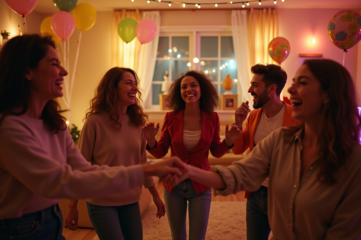 Groupe d'amis riant et dansant dans un salon chaleureux