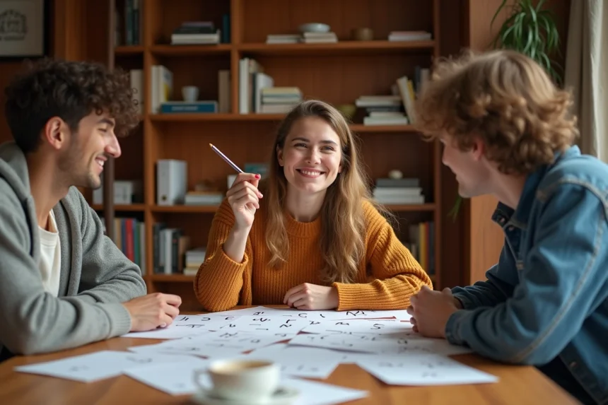 Groupe d'amis jouant au pendu autour d'une table en bois avec des feuilles de papier griffonnées et un crayon en main