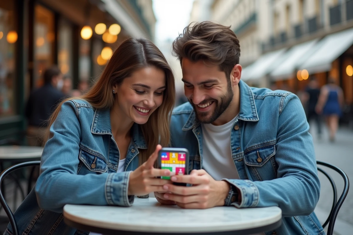 Deux amis partageant une partie de Monopoly GO sur smartphone à la terrasse d'un café
