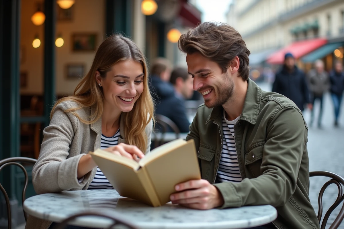 Deux personnes consultant un manuel de grammaire française ensemble en terrasse de café, étudiant les règles des accords possessifs tient et tiens
