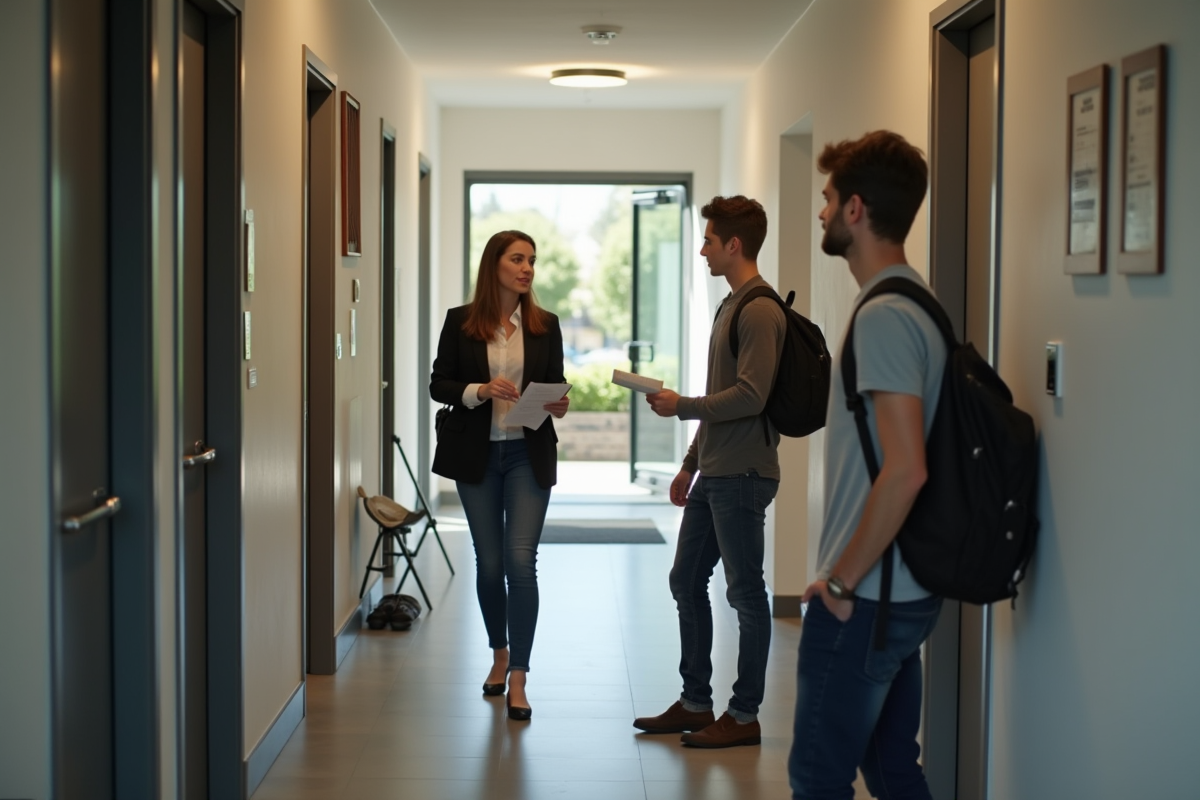 Assistante sociale parlant avec un jeune couple dans un couloir