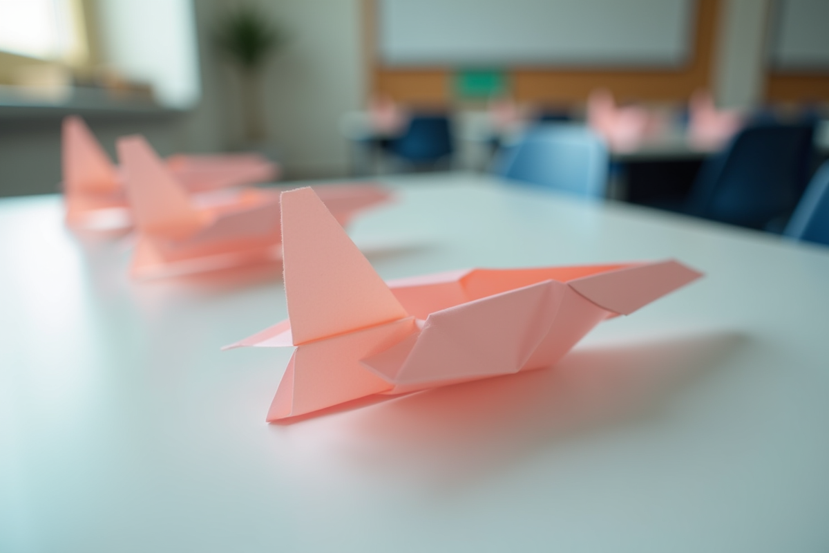 Plusieurs avions en papier sur un bureau lumineux et net