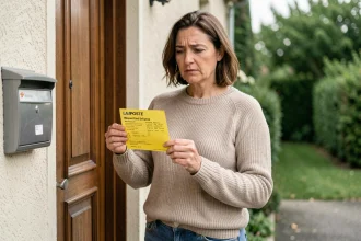 Femme tenant un avis de passage La Poste devant sa porte d'entrée après une tentative de livraison manquée
