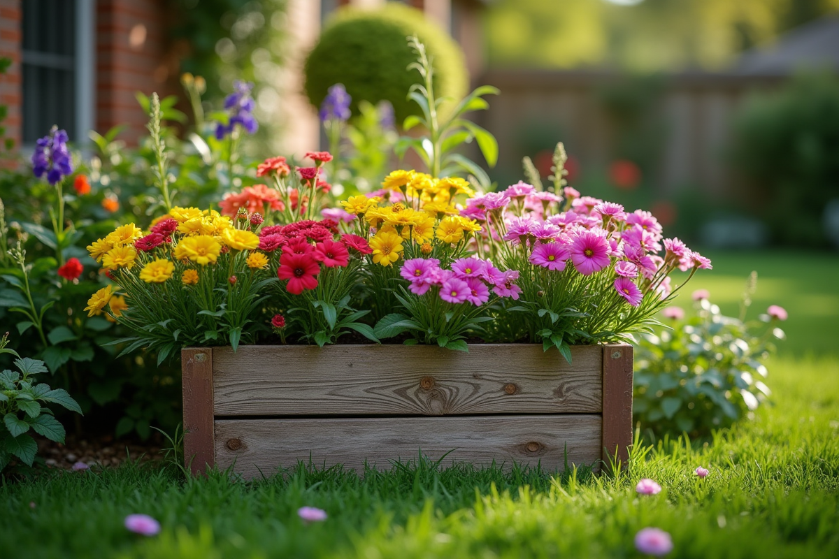 Bac à fleurs en bois rustique dans un jardin verdoyant avec fleurs colorées