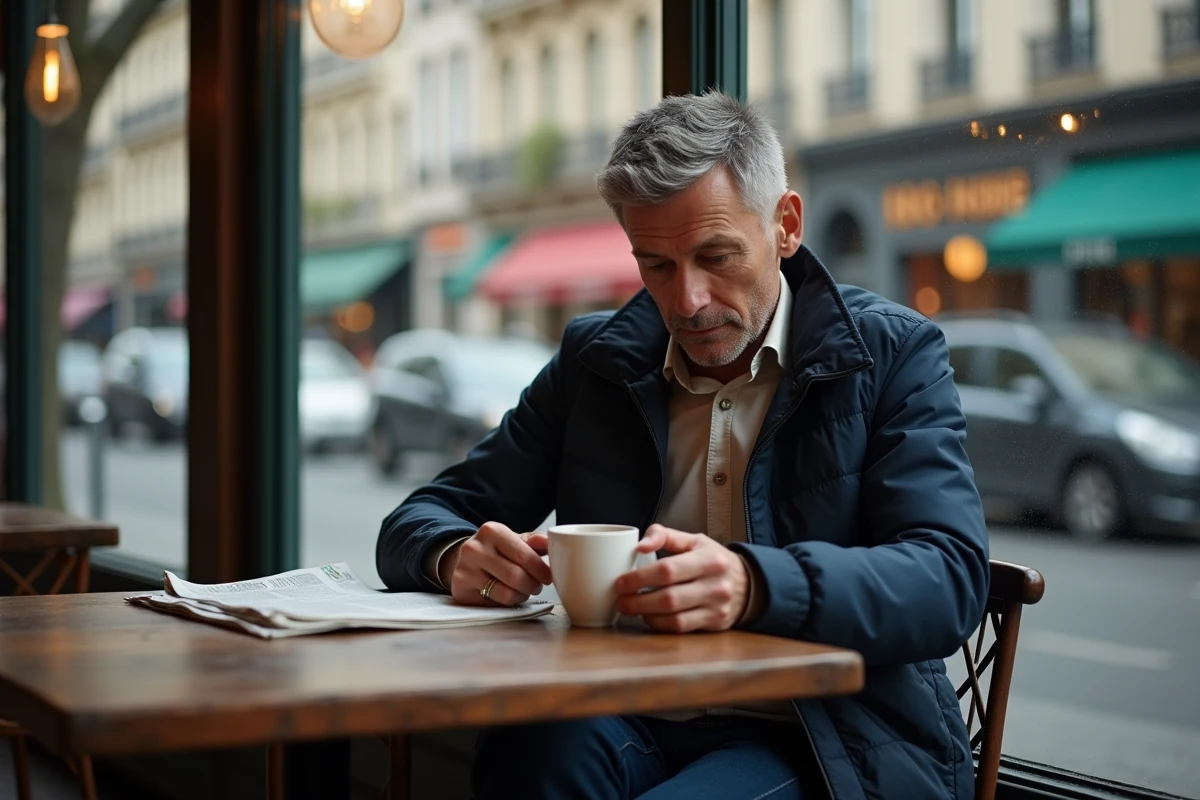 Homme en veste marine attablé dans un café parisien, regard pensif, évoquant la vie après un procès public