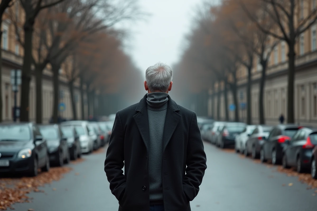 Homme marchant seul sur un boulevard parisien en automne, silhouette solitaire symbolisant la reconstruction après un procès médiatique