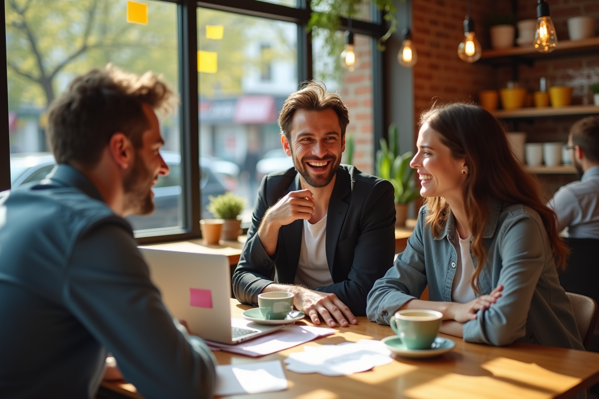 Groupe divers en brainstorming dans un café lumineux