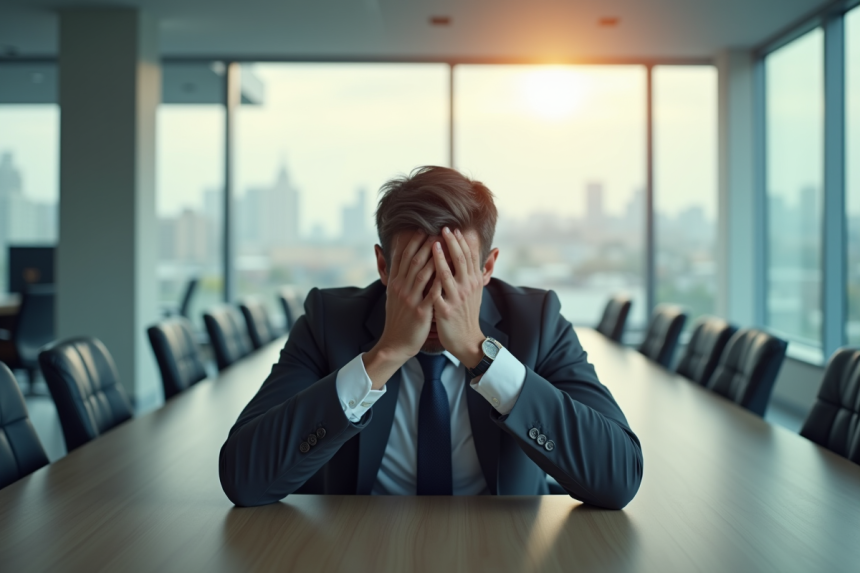 Homme d'affaires seul en réflexion dans un bureau vide