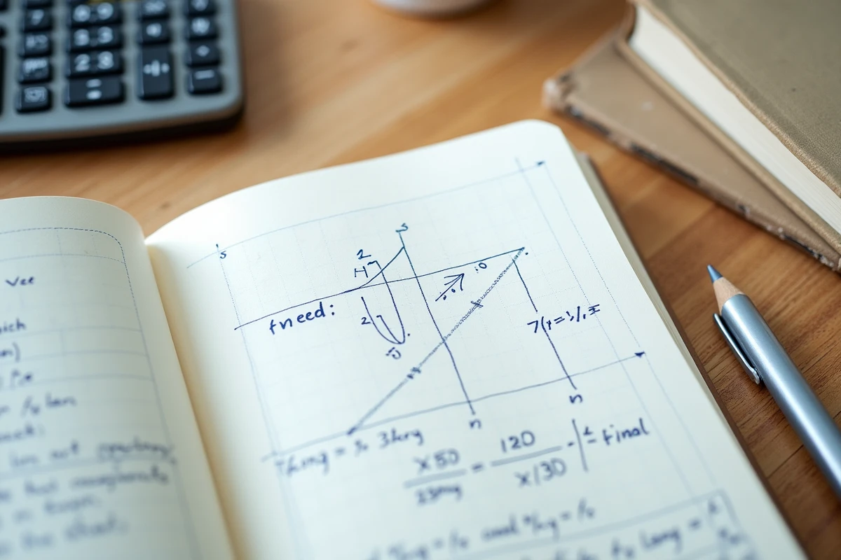 Vue de dessus d'un cahier de mathématiques avec des calculs de dérivée et l'équation réduite de la tangente écrite à la main