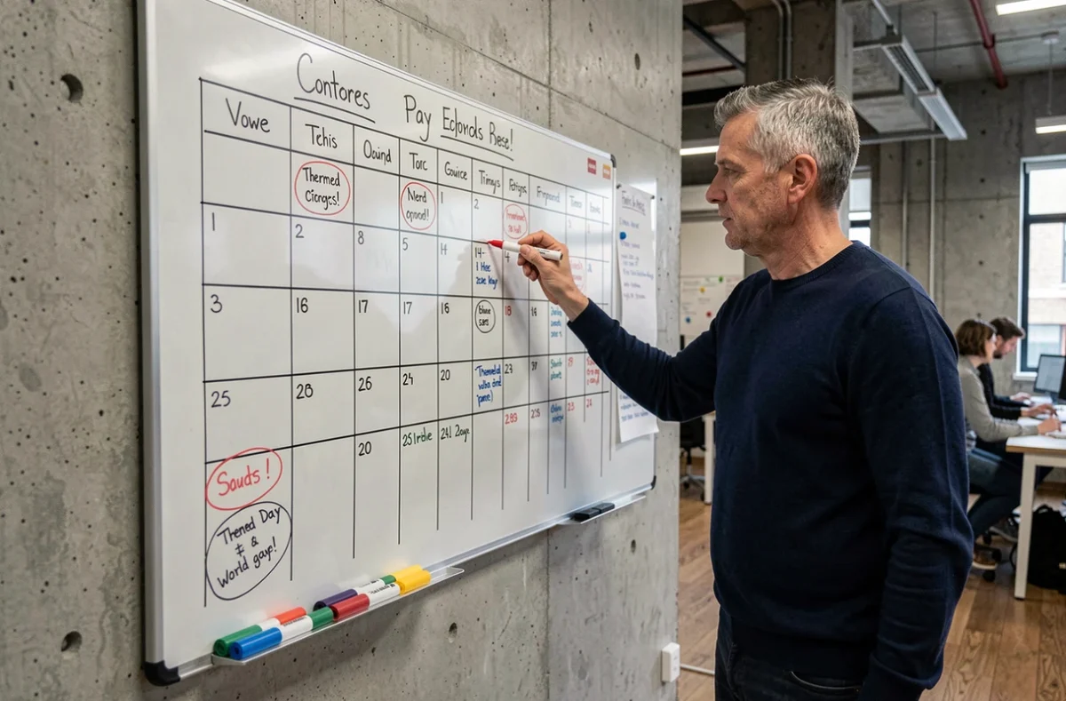 Manager présentant un calendrier de contenu mensuel sur tableau blanc dans un espace de coworking moderne