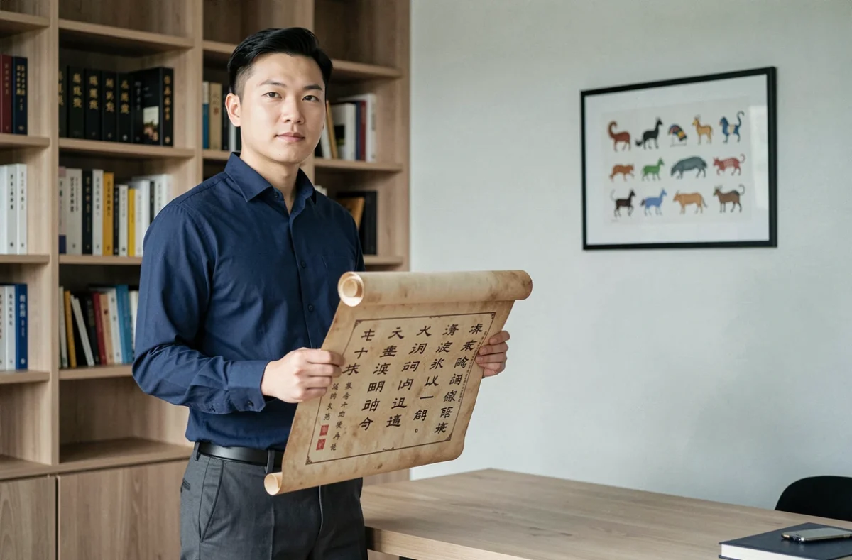 Homme tenant un calendrier chinois traditionnel avec les signes du zodiaque dans un bureau moderne en 2026