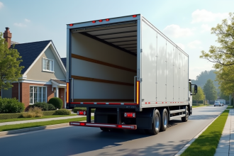 Camion de déménagement de 20m3 dans une rue résidentielle en plein jour