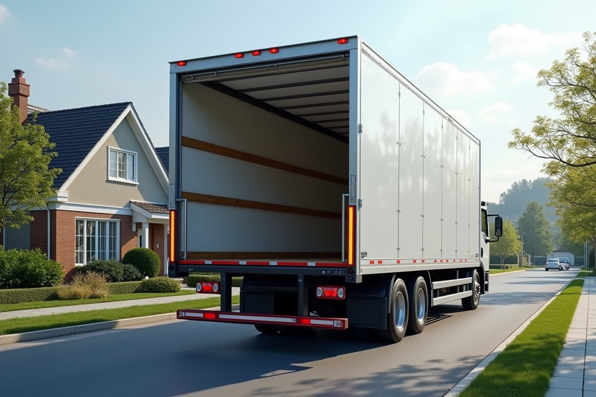 Camion de déménagement de 20m3 dans une rue résidentielle en plein jour