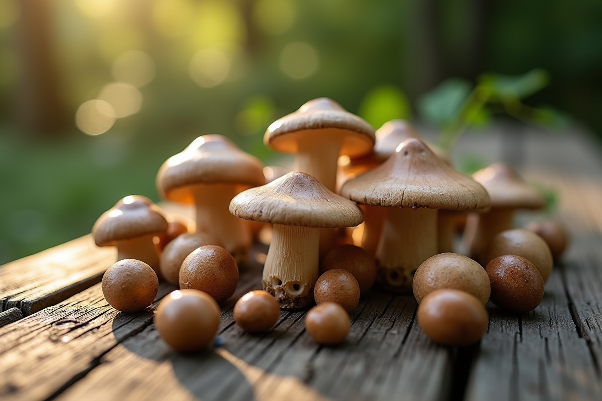 Champignons chanterelles grises sur une vieille table en bois