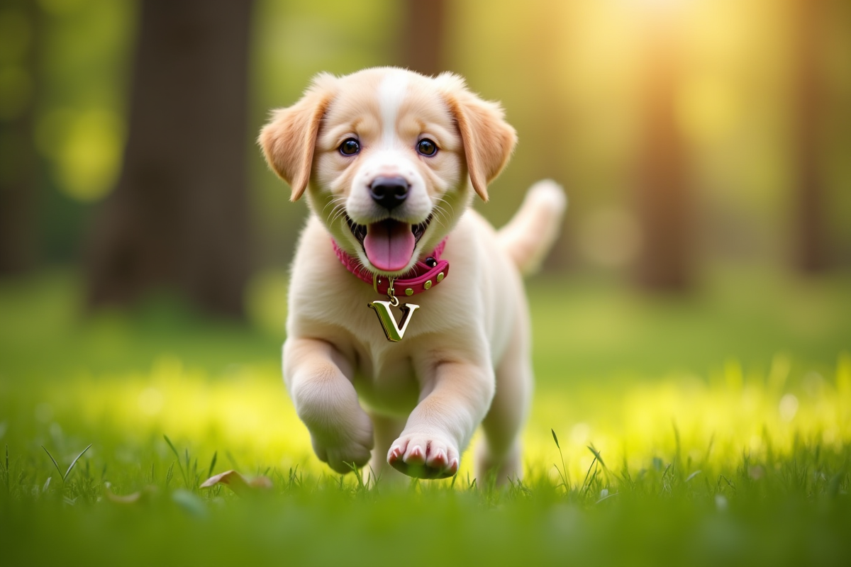 Chiot joueur dans un parc vert avec collier rose et lettre V