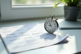 Chronomètre argenté sur bureau blanc avec notes mathématiques