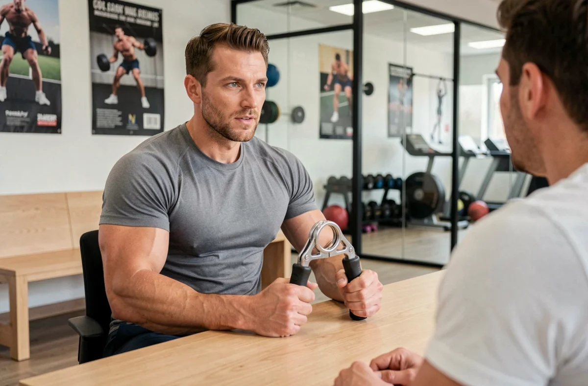 Coach sportif présentant un dynamomètre de force de préhension lors d'une consultation en centre de performance sportive