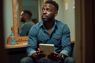 Comédien noir en backstage avec carnet de blagues