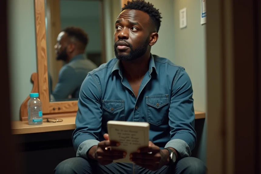 Com&eacute;dien noir en backstage avec carnet de blagues