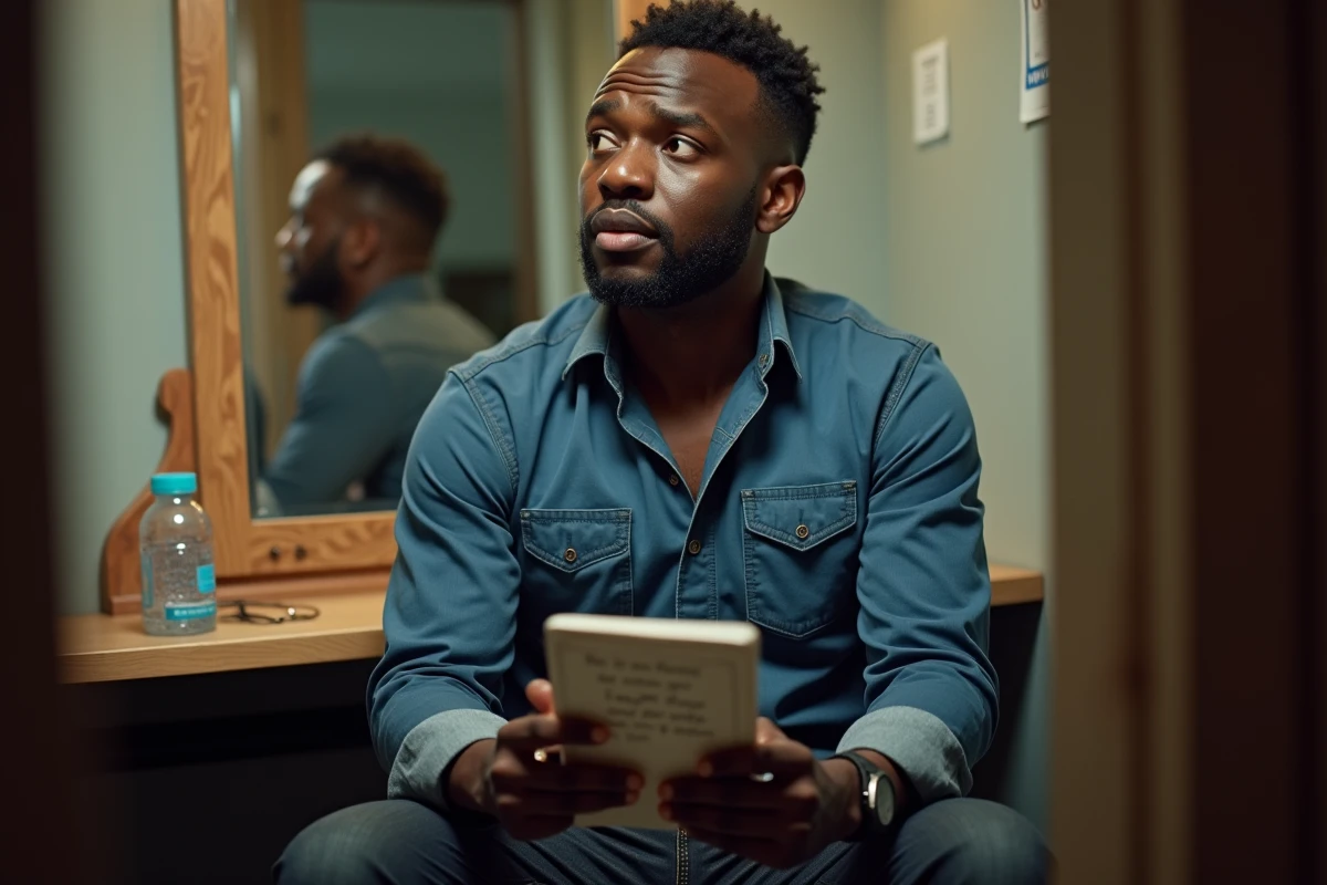 Comédien noir en backstage avec carnet de blagues