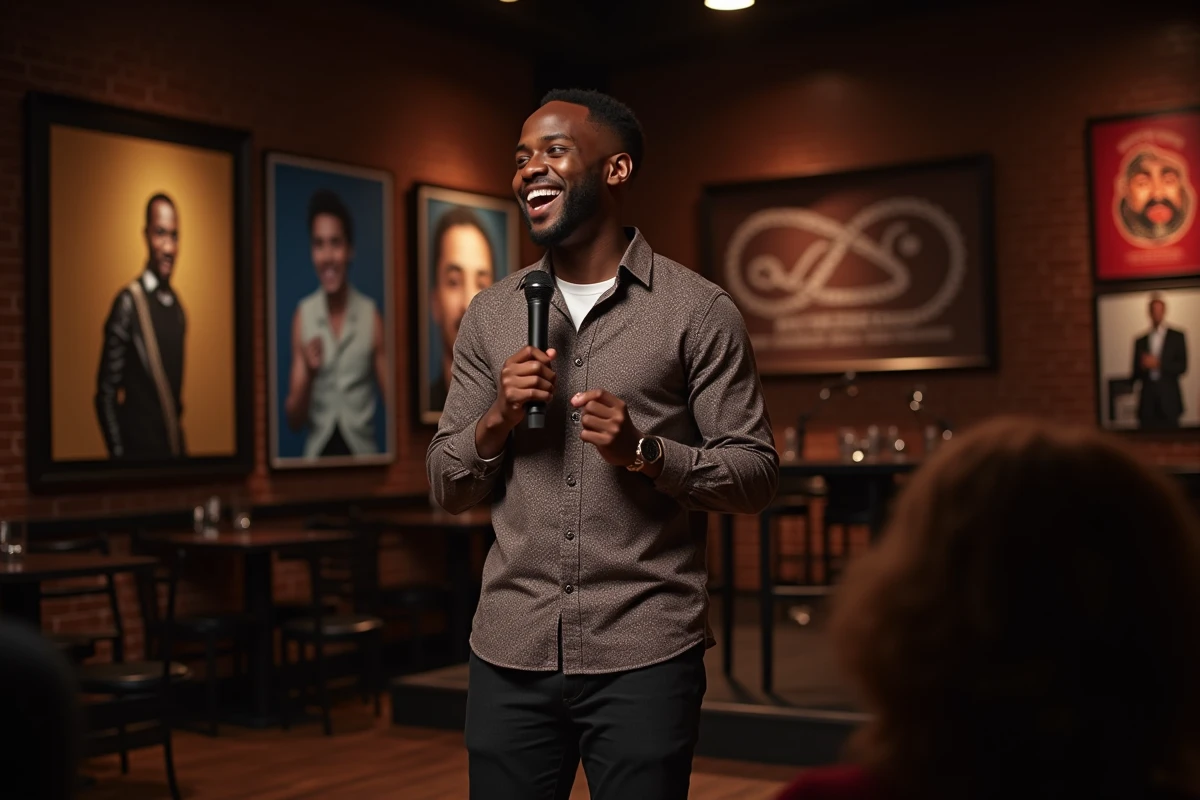 Comédien noir en pleine performance sur scène de stand-up