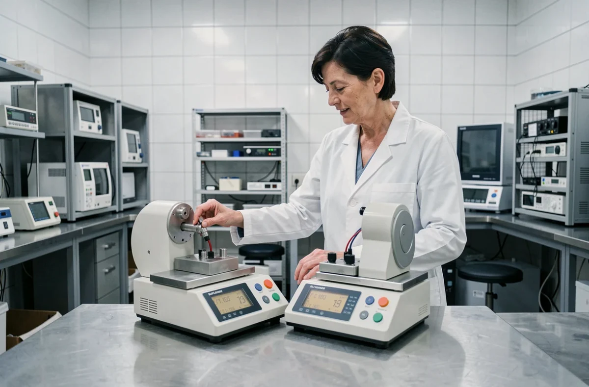 Femme en blouse blanche comparant deux modèles de dynamomètres dans un laboratoire, test et avis utilisateur