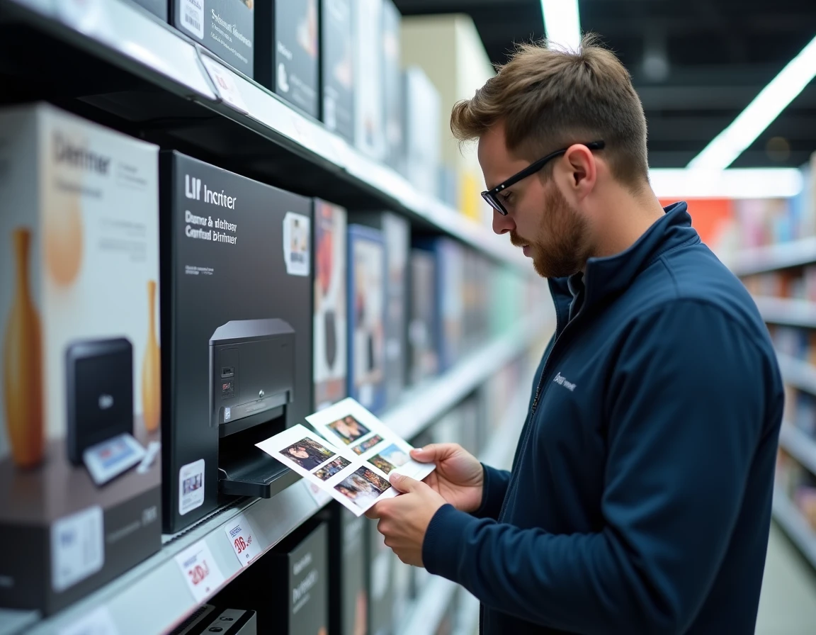 Homme comparant des impressions photo dans un rayon de magasin d'électronique devant plusieurs modèles d'imprimantes