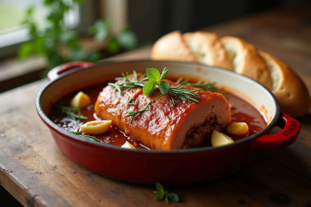 Confit de porc rustique sur une table en bois naturelle