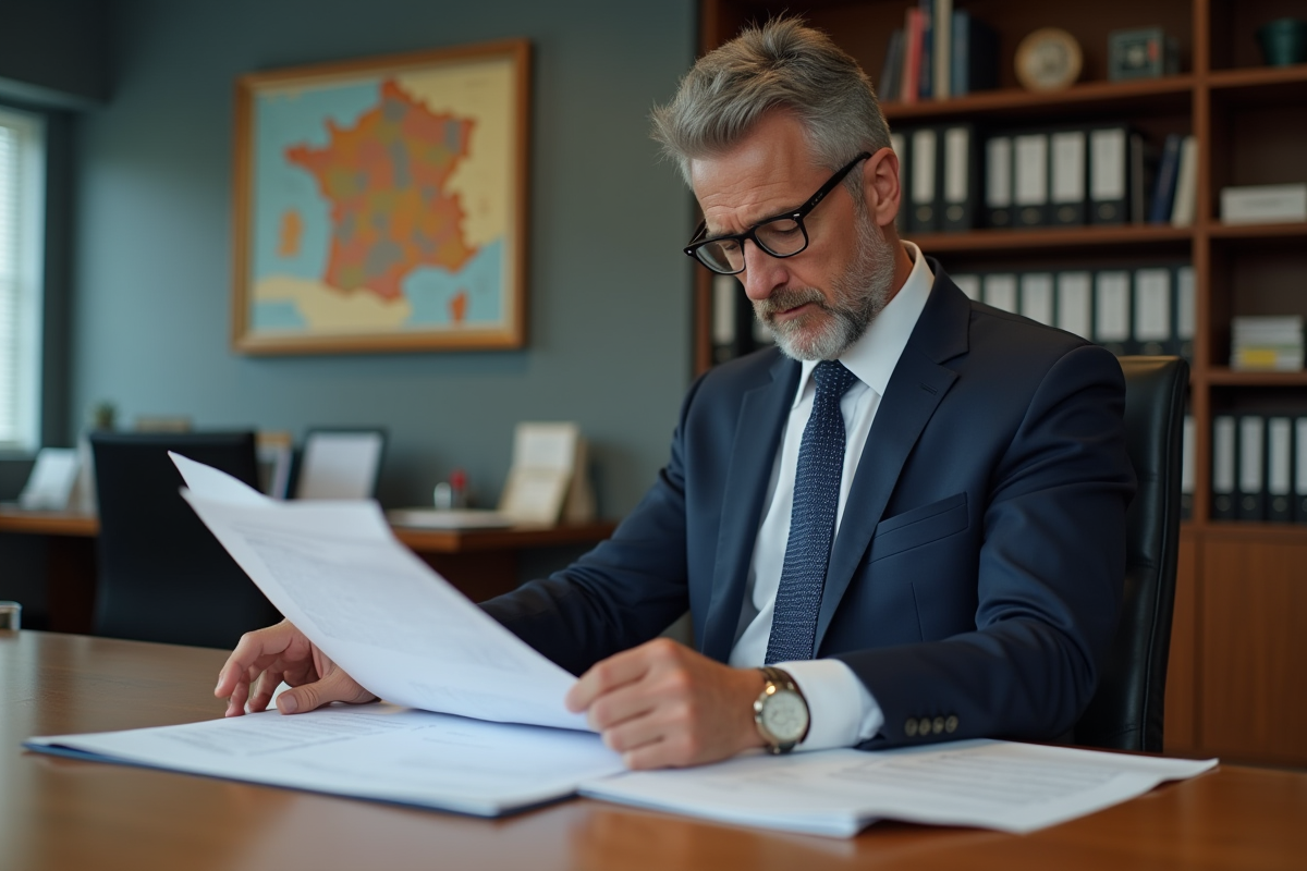 Contrôleur fiscal homme en costume bleu dans un bureau moderne