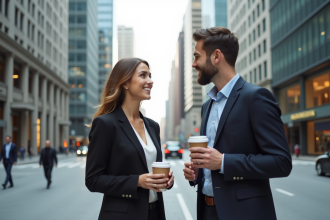 Deux adultes discutent dans une ville moderne