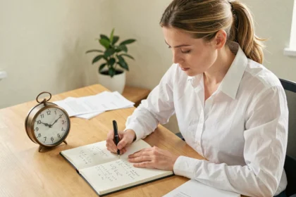 Femme calculant la conversion de centièmes d'heure en heures classiques avec un carnet et une horloge analogique sur un bureau en bois