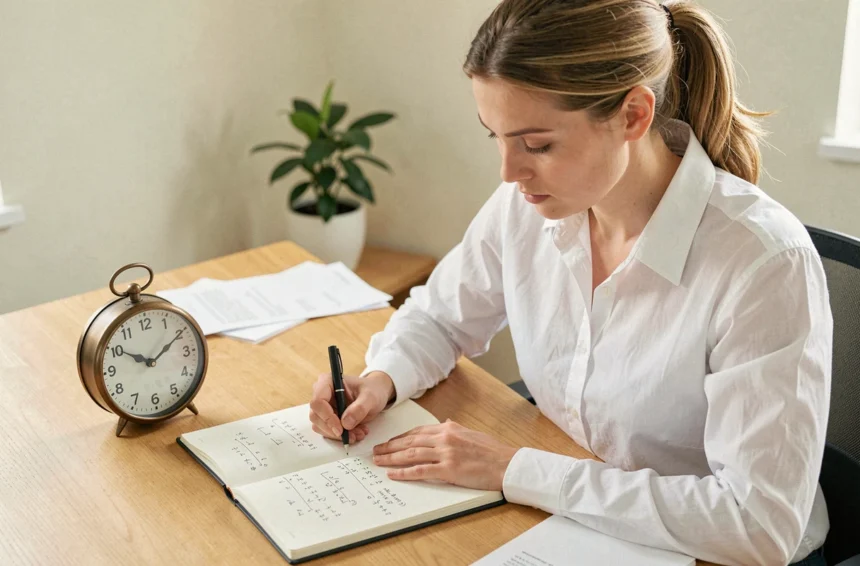 Femme calculant la conversion de centièmes d'heure en heures classiques avec un carnet et une horloge analogique sur un bureau en bois
