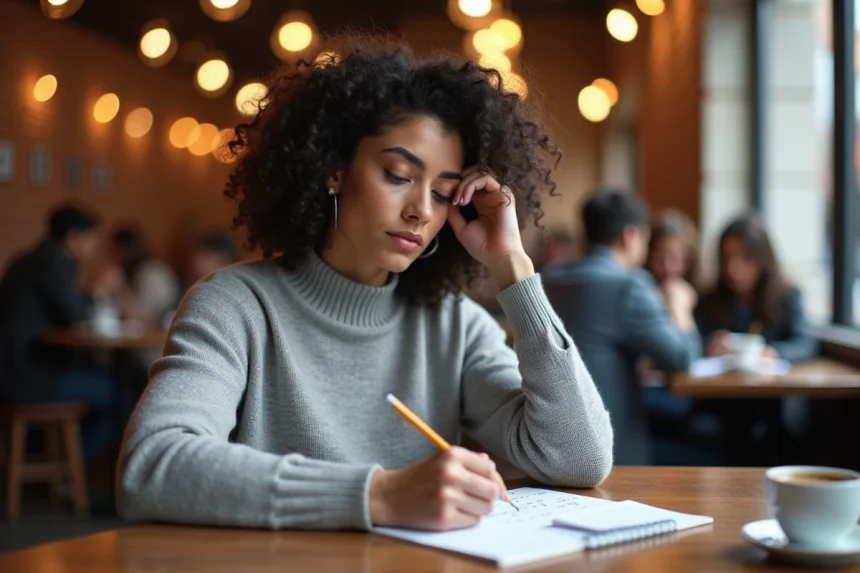 Femme calculant la conversion miles en kilomètres à la main sur un carnet dans un café