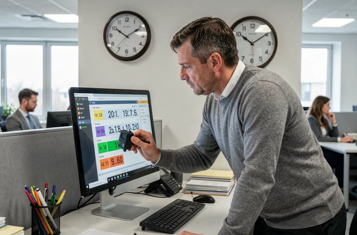 Employé de bureau comparant le temps décimal sur écran et une horloge murale traditionnelle pour illustrer la conversion en centièmes d'heure