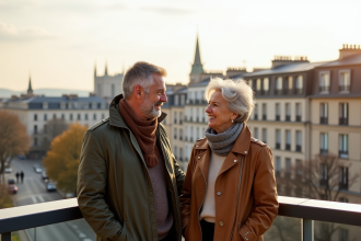 Couple français sur balcon avec vue sur Bordeaux