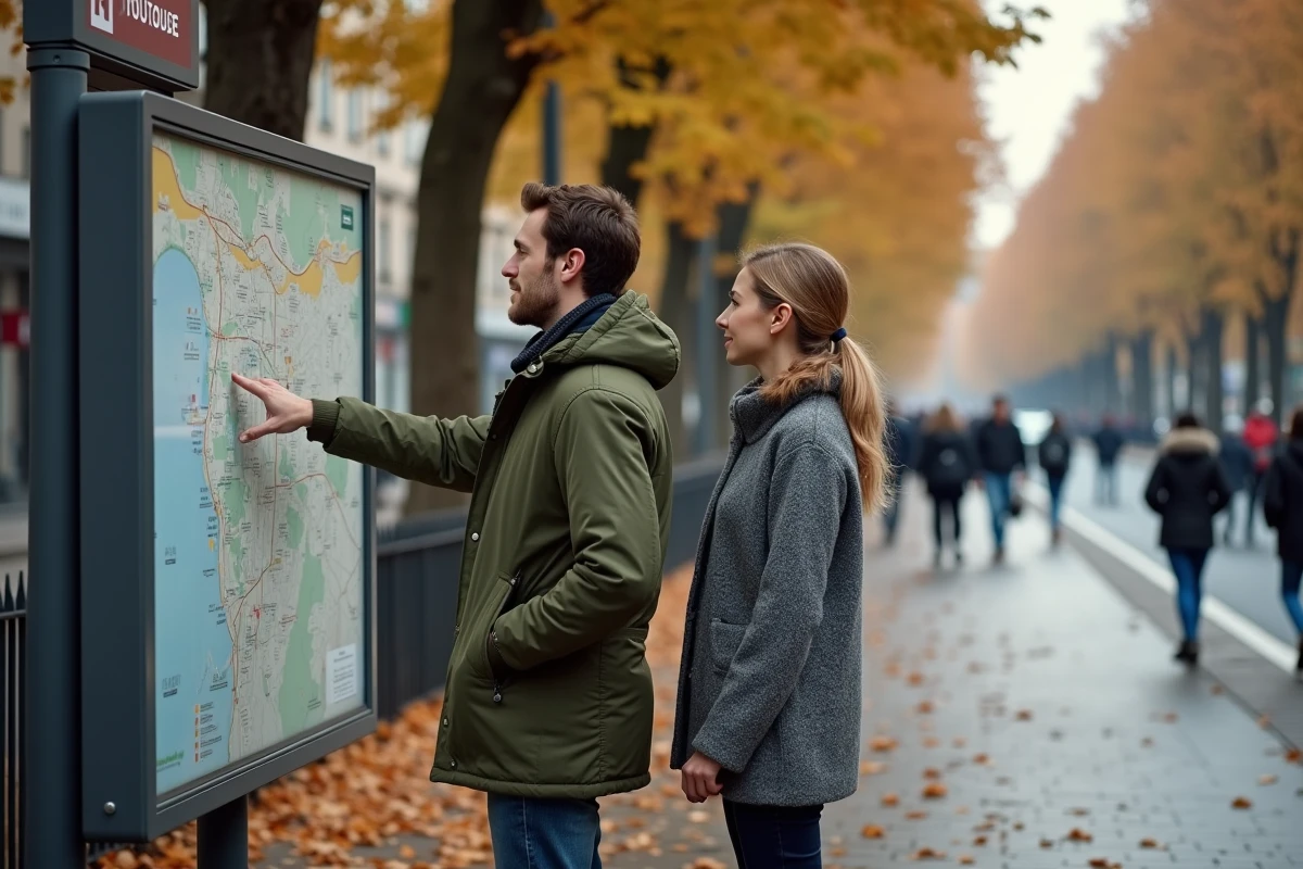 Couple de nouveaux arrivants consultant un panneau de carte de quartier pr&egrave;s d'une station de m&eacute;tro &agrave; Toulouse en automne