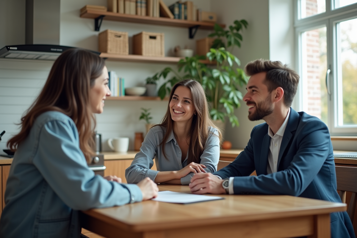 Jeune couple discutant avec un conseiller financier à la maison