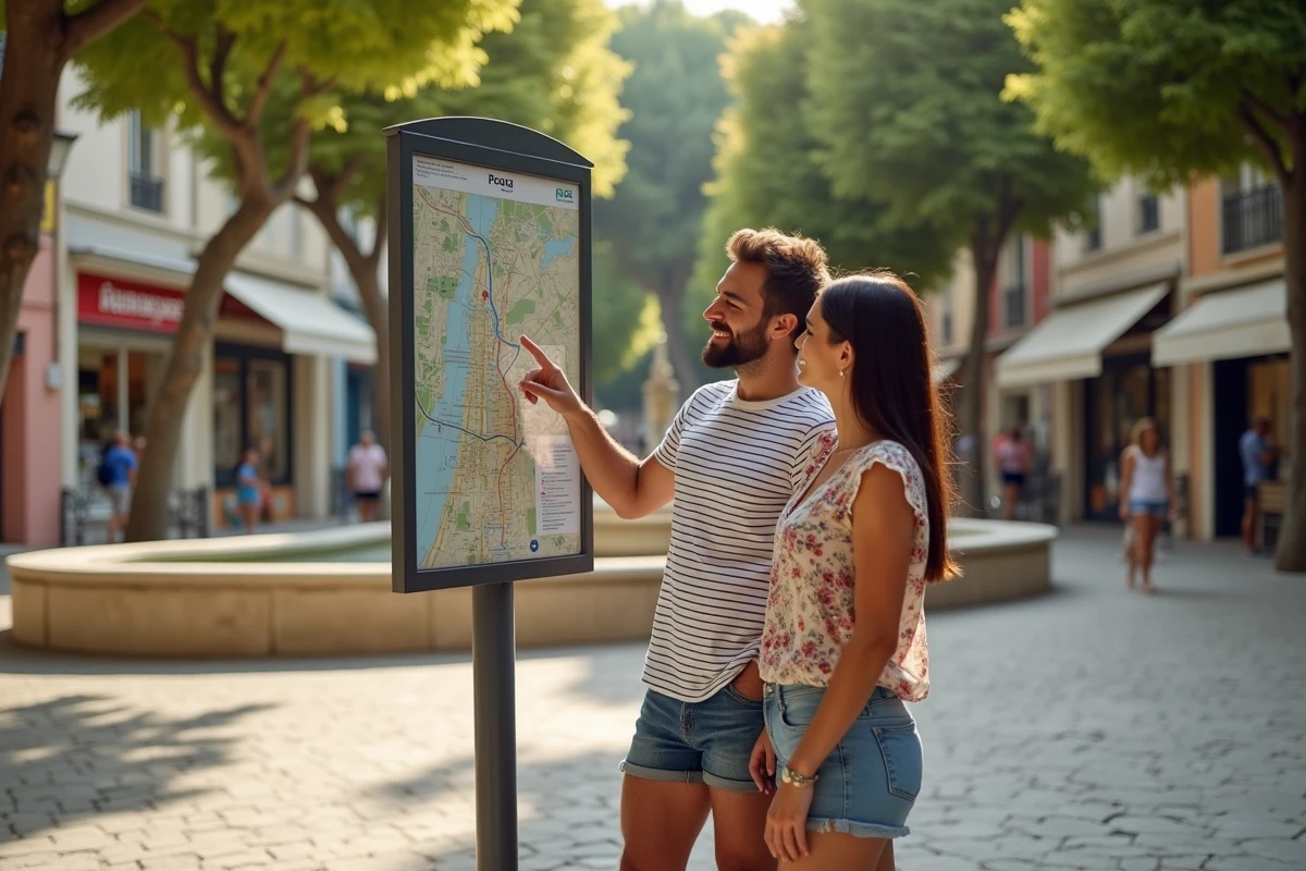 Couple de touristes consultant un panneau de plan de quartier sur une place typique de Marseille