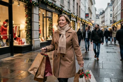 Femme faisant ses courses de Noël dans une rue commerçante ouverte le dimanche 22 décembre, portant des sacs cadeaux