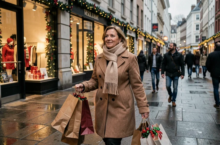 Femme faisant ses courses de Noël dans une rue commerçante ouverte le dimanche 22 décembre, portant des sacs cadeaux