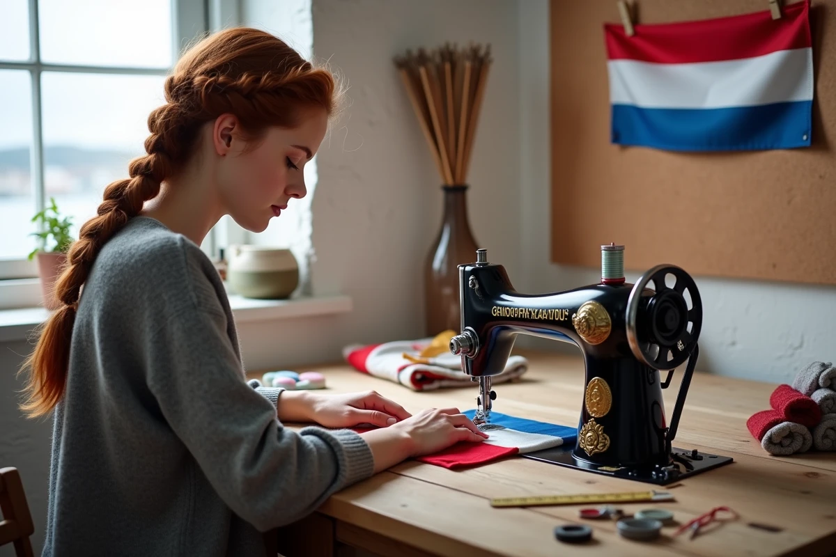 Jeune femme cousant les panneaux d'un drapeau breton Gwenn-ha-Du à la machine à coudre dans un atelier de couture traditionnel