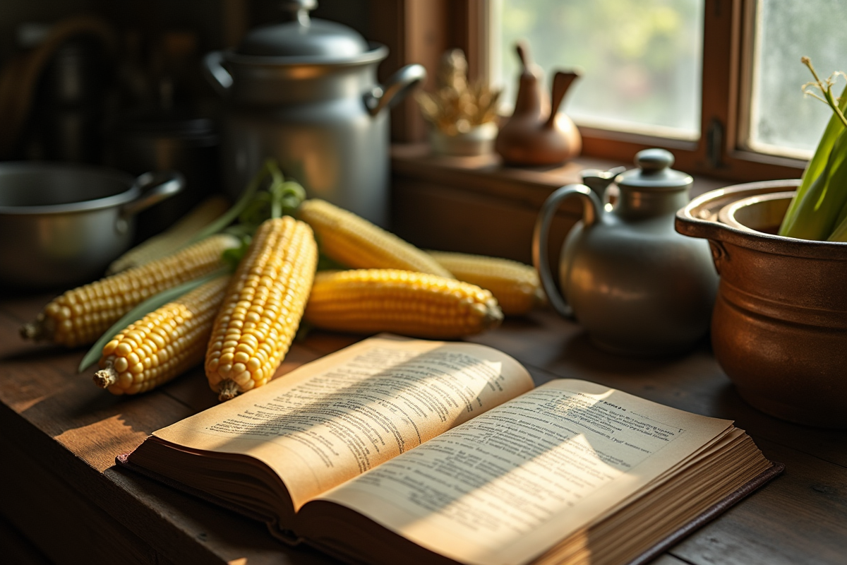 Vieille cuisine avec livre de recettes et épis de maïs frais