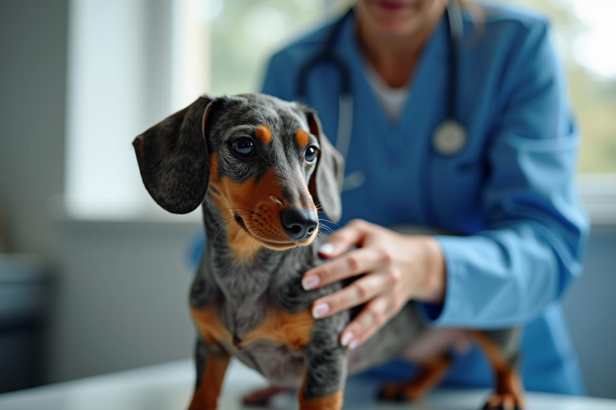 Dachshund arlequin examiné par un vétérinaire en intérieur