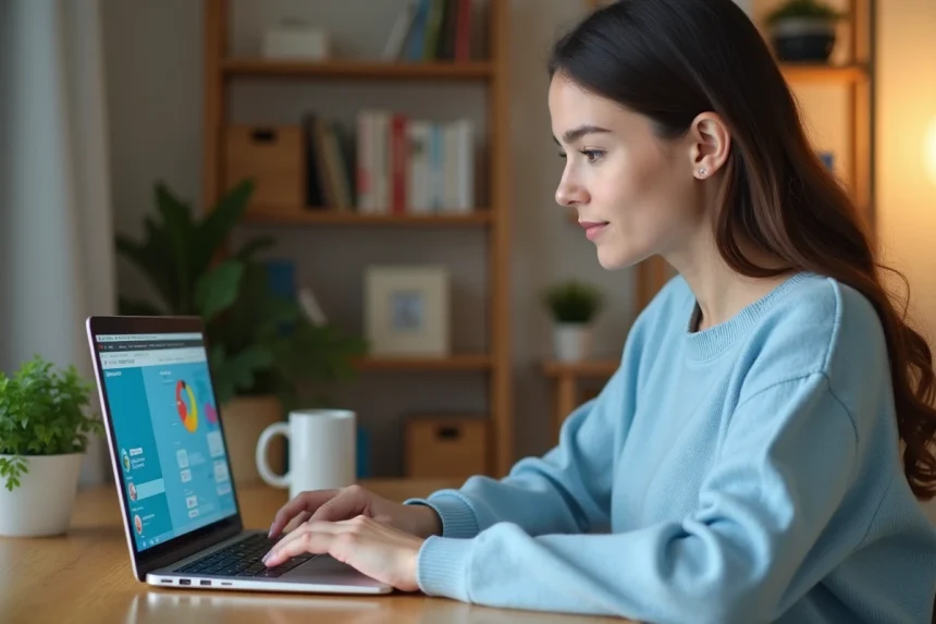 Jeune femme débutante utilisant une plateforme en ligne sur son ordinateur portable dans un bureau à domicile moderne